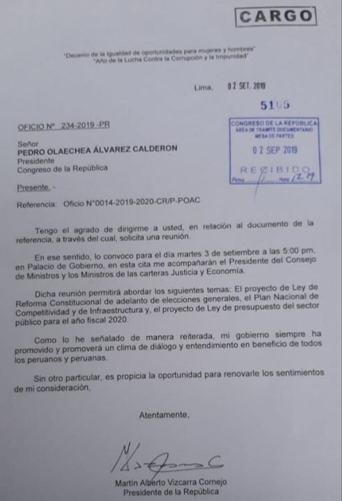 Carta de presidente Vizcarra a Pedro Olaechea