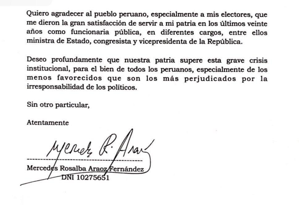 Mercedes Aráoz renunció al cargo de vicepresidenta de la 