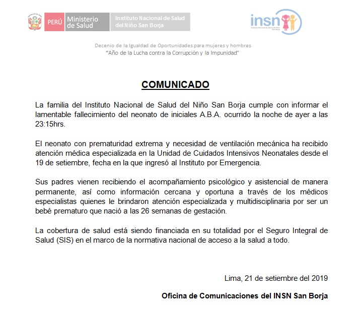 Comunicado Instituto Nino