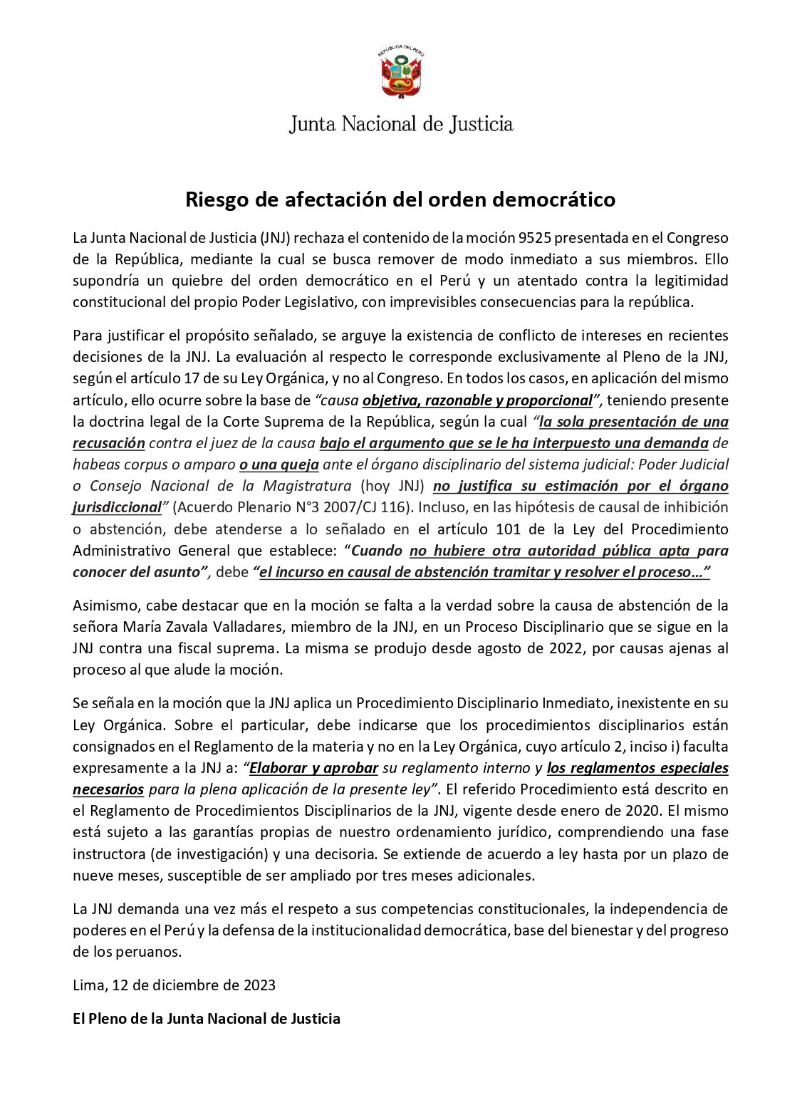 Comunicado Junta Nacional de Justicia